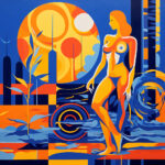 Abstrakte Frauenfigur in Orange-Blau vor großer Sonne, geometrische Stadtlandschaft | Abstract female figure in orange-blue before large sun, geometric cityscape