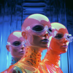 Drei futuristische Androiden mit glänzenden Köpfen und transparenten Brillen in Neonfarben | Three futuristic androids with glossy bald heads and transparent glasses in neon colors