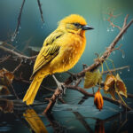 Leuchtend gelber Vogel sitzt im Regen auf nassem Ast über Wasser | Bright yellow bird perched on wet branch above water in rain