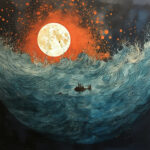 Segelschiff auf stürmischem Meer unter leuchtendem Vollmond, orangeroter Sternenhimmel | Sailing ship on stormy sea beneath glowing full moon, orange-red starry sky
