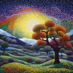 Mosaik-Landschaft mit orangenem Herbstbaum, leuchtender Sonne und buntem Sternenhimmel | Mosaic landscape with orange autumn tree, glowing sun and colorful starry sky