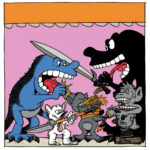 Comicszene: Blaues Monster und schwarzes Wesen duellieren sich mit Schwertern, umgeben von grauen Kreaturen | Comic scene: Blue monster and black creature duel with swords, surrounded by grey creatures