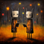 Zwei roboterhafte Figuren mit Hasenohren halten Tablets, leuchtende Kreise im Nachthimmel | Two robot-like figures with rabbit ears holding tablets, glowing orbs in dark night sky