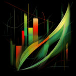 Abstrakte Komposition mit grünen Schwüngen, roten Rechtecken und feinen Linien auf Schwarz | Abstract composition with green sweeps, red rectangles and fine lines on black