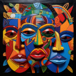 Drei kubistische Masken in kräftigen Farben, afrikanisch inspirierte Reliefkunst | Three cubist masks in bold colors, African-inspired relief art