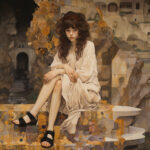 Junge Frau in weißem Gewand sitzt vor antikem Felsendorf, Klimt-Stil | Young woman in white robe seated before ancient cliff village, Klimt style