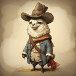 Anthropomorphes Lama als Cowboy mit Hut, blauer Jacke und buntem Schal | Anthropomorphic llama as cowboy wearing hat, blue jacket and colorful scarf