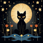 Schwarze Katze vor goldenem Mond, Sterne und Blumen im Nachthimmel | Black cat silhouette before golden moon, stars and flowers in night sky