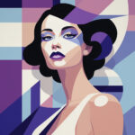 Kubistische Frau mit schwarzem Bob, lila Lippen, geometrischer Hintergrund in Violett | Cubist woman with black bob, purple lips, geometric background in violet and blue