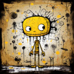 Gelbe Cartoon-Figur mit riesigem Kopf, schwarzen Tintenspritzern auf beigem Hintergrund | Yellow cartoon figure with oversized head, black ink splatters on beige background