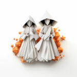 Zwei weiße Origami-Figuren in Roben mit spitzen Hüten, umgeben von orangefarbenen Sternen | Two white origami figures in robes with pointed hats, surrounded by orange geometric stars