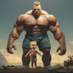 Digitale Kunst: Riesiger Muskelmann und Kleinkind am Felsenstrand, surrealer Größenkontrast | Digital art: Giant muscular man and toddler on rocky shore, surreal size contrast