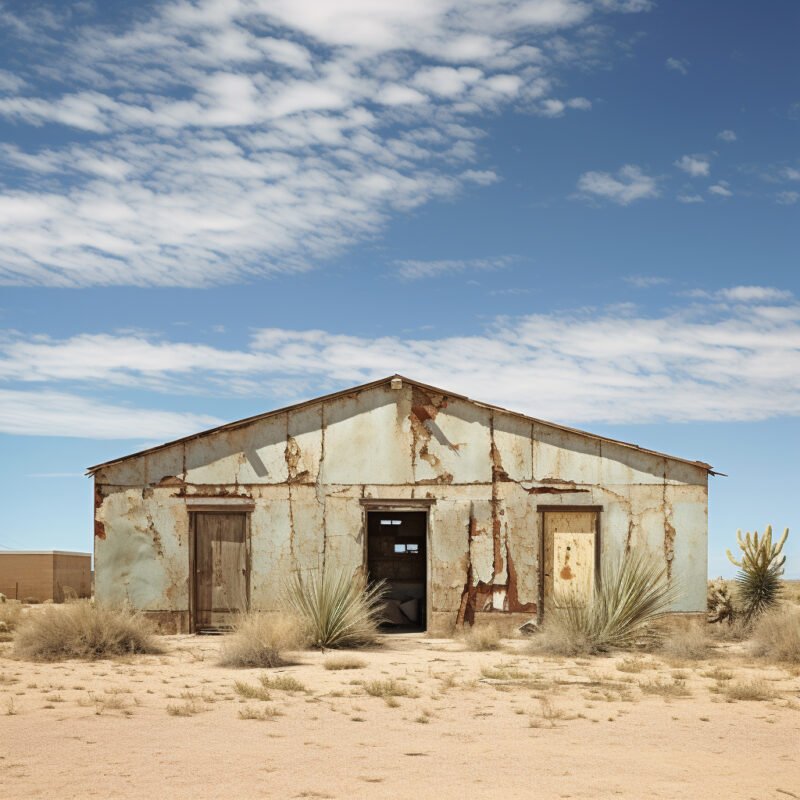 Mehr über den Artikel erfahren hyperrealistisches, fotografisches Bild eines alten, verwitterten Lagerhauses mit verblasster Farbe und vernagelten Fenstern