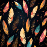 Buntes Muster mit illustrierten Federn in Orange, Pink, Blau auf schwarzem Grund | Colorful pattern with illustrated feathers in orange, pink, blue on black background