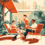Retro-Illustration: Drei elegante Personen mit Drinks auf Mid-Century-Terrasse, kleiner Hund | Retro illustration: Three elegant people with drinks on mid-century modern patio, small dog