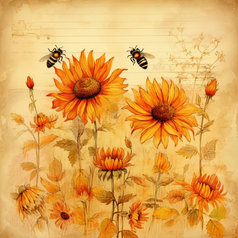 Mehr über den Artikel erfahren Aquarell Sonnenblumen und Bienen Silhouetten mit handgeschriebenen Herbst Gedichte gefuellt