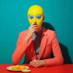 Person mit gelber Maske im Koralljackett sitzt an rotem Tisch mit Zitronen | Person wearing yellow mask in coral blazer sits at red table with lemons