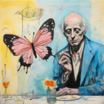 Alter Mann im blauen Jackett sitzt nachdenklich neben riesigem rosa-schwarzem Schmetterling | Pensive old man in blue jacket seated beside oversized pink-black butterfly, expressionist painting