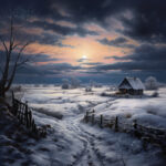 Verschneite Winterlandschaft mit einsamer Hütte, Holzzaun und dramatischem Abendhimmel | Snowy winter landscape with lonely cottage, wooden fence and dramatic evening sky