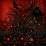 Schwarze Raben auf dunklem Eisengitter mit roten Beeren, roter Hintergrund | Black ravens on dark iron lattice with red berries, crimson background