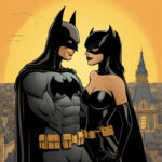 Batman und Catwoman in schwarzen Kostümen vor goldenem Himmel über Stadtsilhouette | Batman and Catwoman in black costumes against golden sky above city skyline