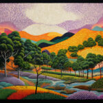Pointillistisches Gemälde: Bunte Hügellandschaft mit Bäumen, Bach und Wirbelmustern | Pointillist painting: Colorful hilly landscape with trees, stream and swirling patterns