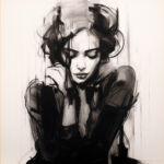 Expressives Kohleporträt einer Frau mit geschlossenen Augen, schwarzem Kleid | Expressive charcoal portrait of a woman with closed eyes, black dress