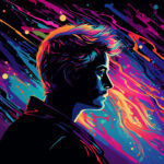 Männliches Profil im Neon-Pop-Art-Stil, bunte Farbspritzer auf schwarzem Hintergrund | Male profile in neon pop-art style, colorful paint splashes on black background