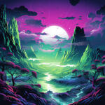 Fantasielandschaft mit leuchtendem Mond, Fluss, spitzen Felsen in Neongrün und Magenta | Fantasy landscape with glowing moon, river, jagged rocks in neon green and magenta