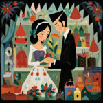 Stilisiertes Paar in folkloristischer Illustration, Mann überreicht Frau eine rote Blume | Stylized couple in folkloric illustration, man handing woman a red flower
