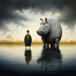 Surreales Gemälde: Kleiner Mann im Mantel trifft riesiges Nilpferd im Wasser | Surreal painting: small man in coat meets giant hippo standing in water