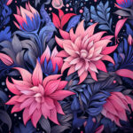 Digitale Illustration: Pinke Dahlien und blaue Blätter auf dunkelblauem Hintergrund | Digital illustration: Pink dahlias and blue leaves on dark navy background