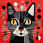 Schwarze Katze mit gelben Augen, geometrische Muster, roter Hintergrund mit Kreisen | Black cat with yellow eyes, geometric patterns, red background with circles