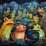 Bunte Frösche mit großen Augen in nächtlichem Sumpf, surreale Aquarellillustration | Colorful frogs with big eyes in a nocturnal swamp, surreal watercolor illustration