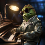 Anthropomorpher Frosch mit Sonnenbrille spielt Piano in elegantem weißem Jackett | Anthropomorphic frog wearing sunglasses plays piano in elegant white embroidered jacket