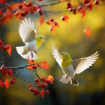 Zwei Brillenvögel im Flug zwischen roten Beeren und Herbstblättern | Two white-eyes birds in flight among red berries and autumn leaves
