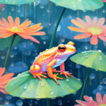 Leuchtend orangefarbener Frosch sitzt im Regen auf grünem Seerosenblatt zwischen Blüten | Bright orange frog sitting in rain on green lily pad surrounded by colorful flowers