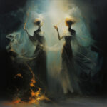 Zwei mystische Gestalten in dunklen Gewändern halten goldene Fäden im Lichtschein | Two mystical figures in dark robes holding golden threads in a glowing light