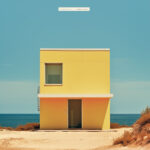 Gelbes minimalistisches Gebäude am Meer, klarer blauer Himmel, sandige Küste | Yellow minimalist building by the sea, clear blue sky, sandy coastline