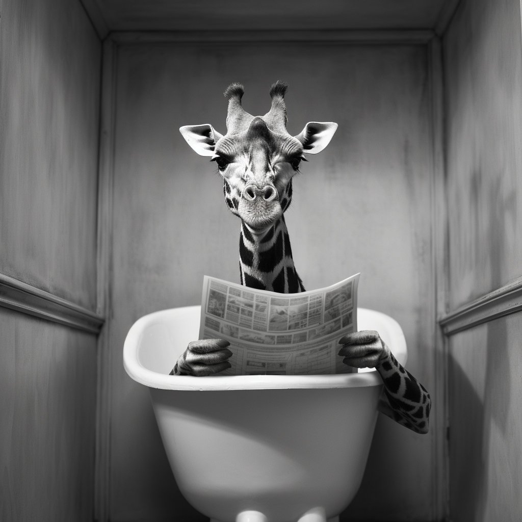 Du betrachtest gerade Glueckliche Giraffe sitzt auf Toilette mit Zeitung