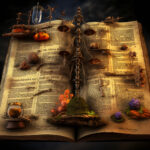 Aufgeschlagenes altes Zauberbuch mit Kräutern, Ästen und alchemistischer Waage | Open ancient spellbook with herbs, branches and alchemical scales