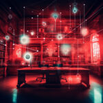 Klassische Bibliothek in rotem Neonlicht mit schwebenden digitalen Netzwerk-Symbolen | Classic library bathed in red neon light with floating digital network symbols