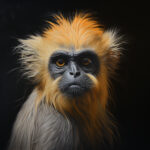 Realistisches Gemälde eines Gibbons mit orangefarbenem Fell und bernsteinfarbenen Augen | Realistic painting of a gibbon with orange fur and amber eyes, dark background