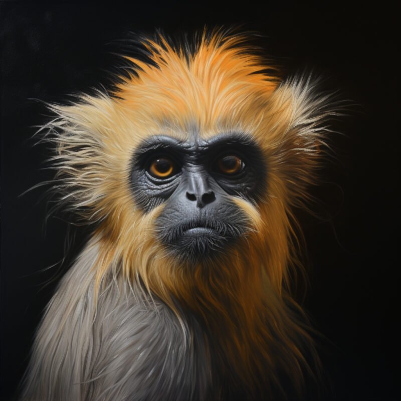 Mehr über den Artikel erfahren ein Gemaelde des Gesichts eines Goldlangurs mit schwarzem Hintergrund