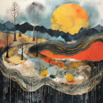 Abstrakte Landschaft mit großer gelb-oranger Sonne, kahlen Bäumen und fließenden Schichten | Abstract landscape with large yellow-orange sun, bare trees and flowing layered terrain