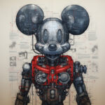 Mechanischer Mickey-Mouse-Roboter mit Zahnrädern, roten Röhren und technischen Blaupausen | Mechanical Mickey Mouse robot with gears, red tubes and technical blueprint schematics