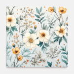 Aquarell-Blumenmuster mit cremefarbenen und orangefarbenen Blüten, Teal-Blättern | Watercolor floral pattern with cream and orange blossoms, teal leaves