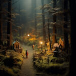 Miniaturwelt: Kind in rotem Mantel auf Waldweg mit kleinen Häusern und Laternen | Miniature world: child in red coat on forest path with tiny houses and lanterns