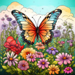 Illustrierter Schmetterling in Orange-Blau über bunten Wildblumen unter Wolkenhimmel | Illustrated butterfly in orange-blue over colorful wildflowers under cloudy sky