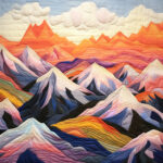 Gesteppte Textilkunst mit mehrschichtiger Berglandschaft in Orange, Blau und Rosa | Quilted textile art depicting layered mountain landscape in orange, blue and pink tones
